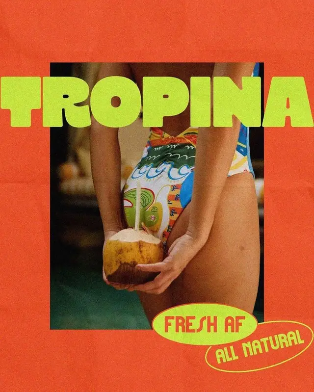 Tropina retro coconut ad — swimsuit, halved coconut with straw
