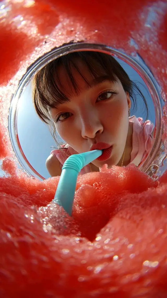 Inside-a-jar view of woman sipping red slushie through turquoise bendy straw