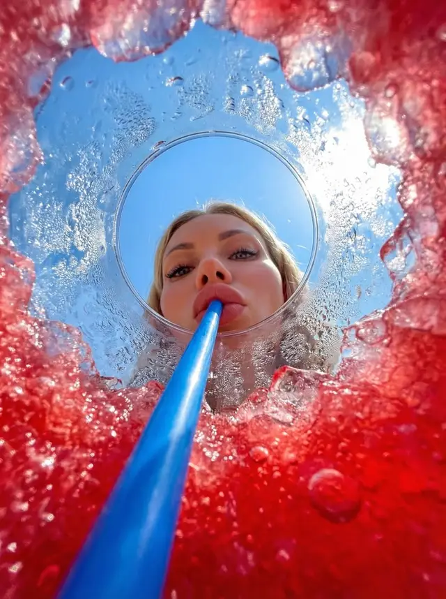 POV shot through a red slush cup — woman sipping with blue straw