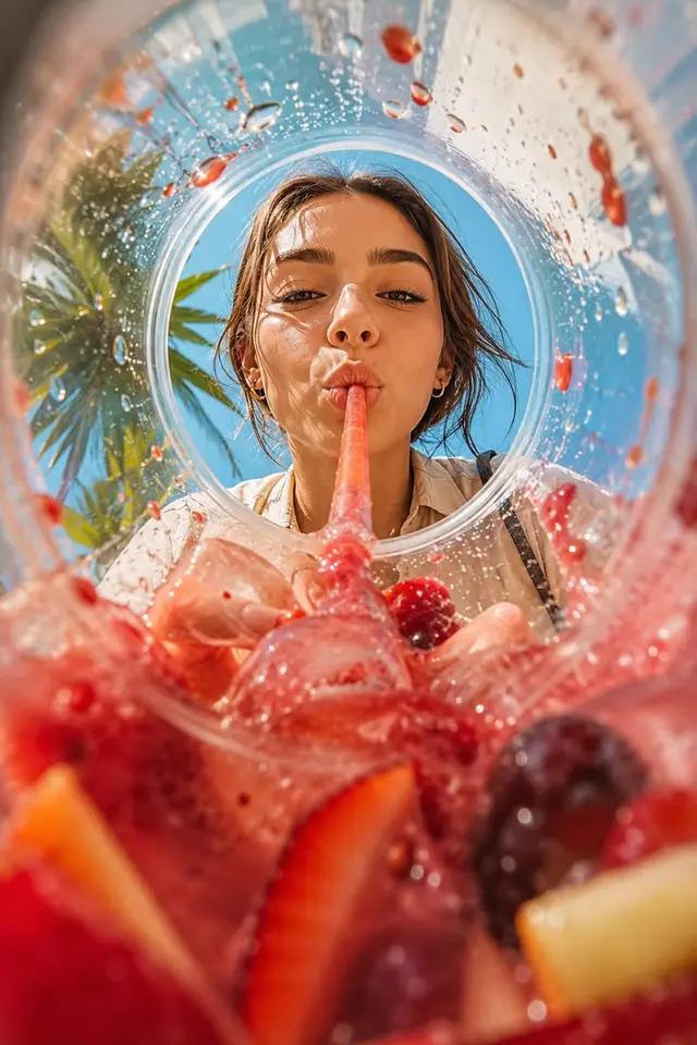 POV: Woman sipping mixed-berry smoothie from clear plastic cup
