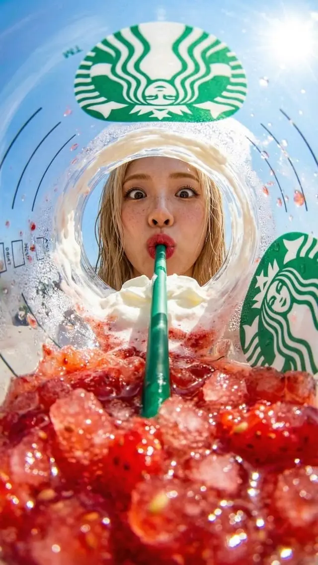POV inside a Starbucks cup — woman sipping strawberry iced drink