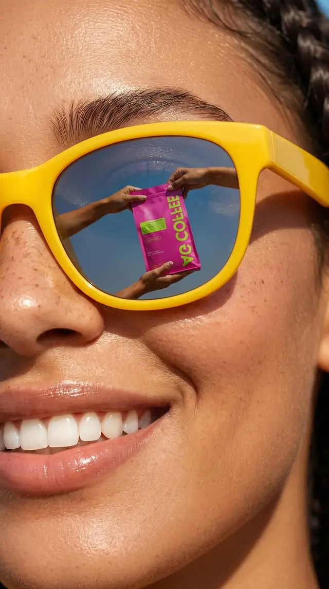 Yellow sunglasses reflecting magenta coffee pouch — close-up summer portrait