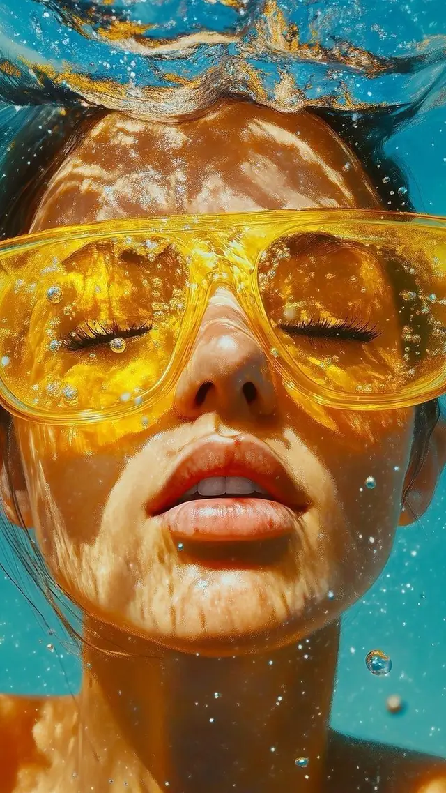 Sunlit Underwater Close-Up with Oversized Yellow Sunglasses
