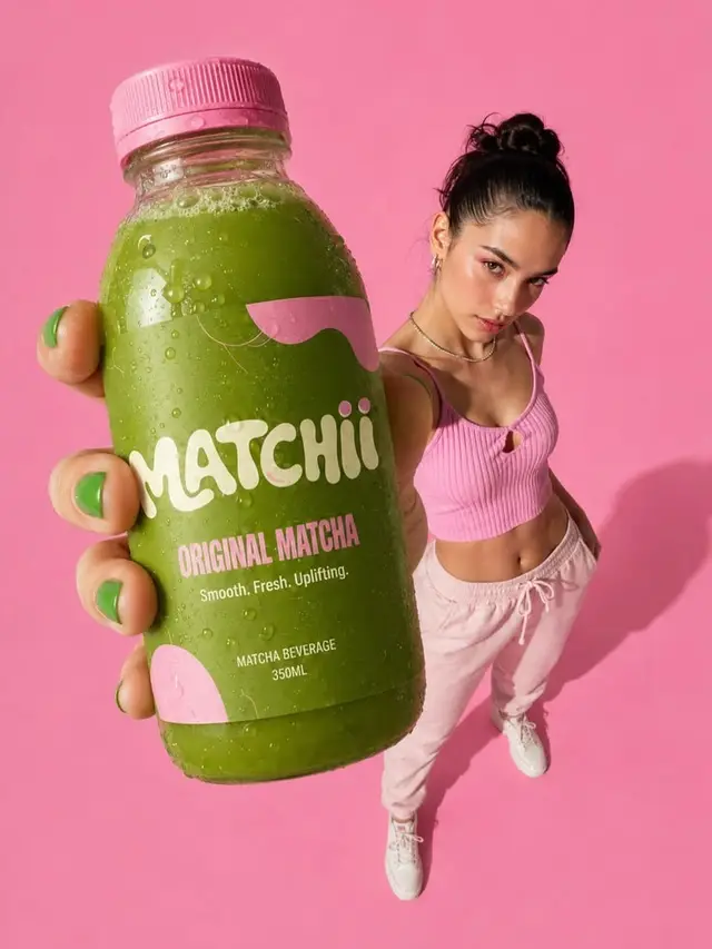 Matchii Original Matcha — green bottle held in pink studio shot
