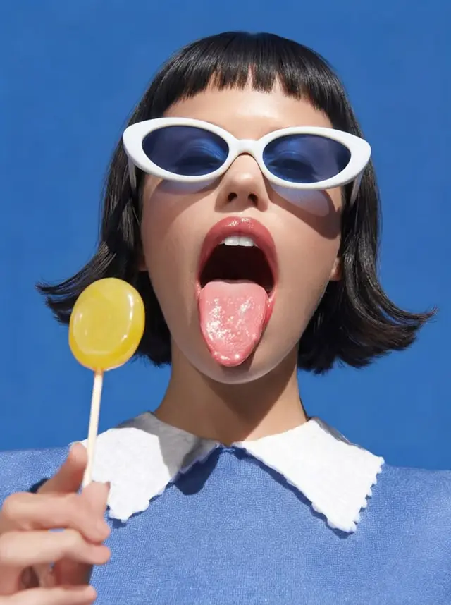 Retro fashion portrait — white cat-eye sunglasses and yellow lollipop