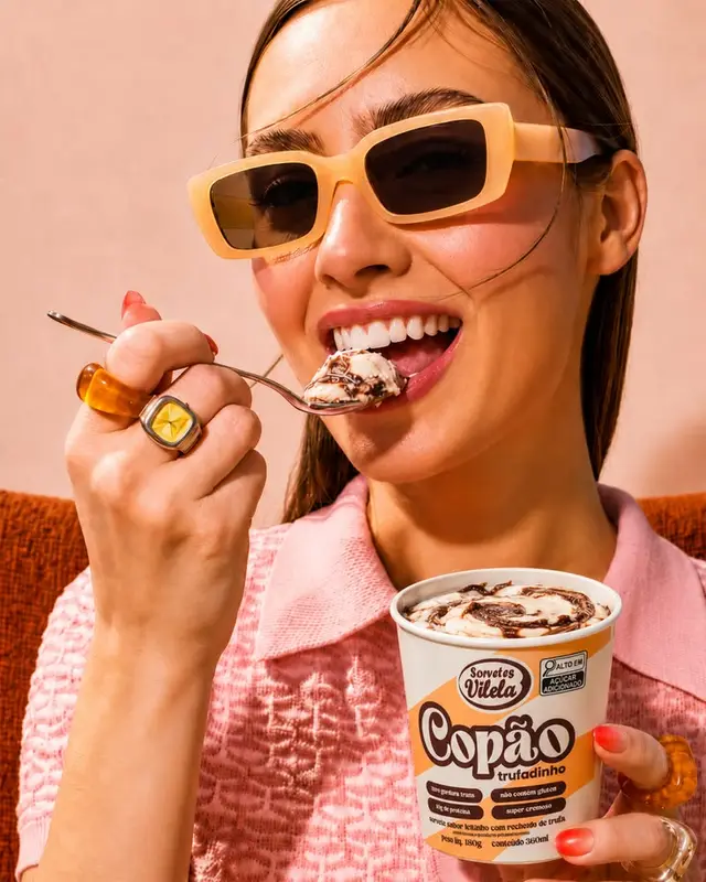Sorvetes Vilela Copão Trufadinho — woman eating ice cream, peach sunglasses