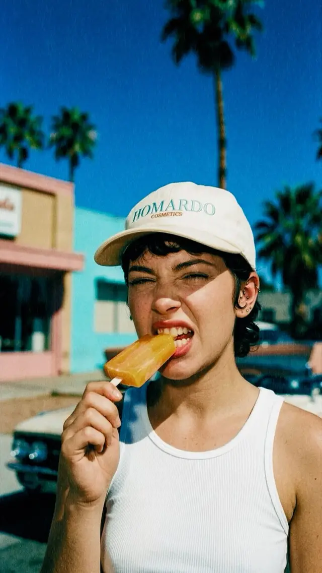 Person in 'HOMARDO COSMETICS' cap eating orange popsicle — retro street portrait