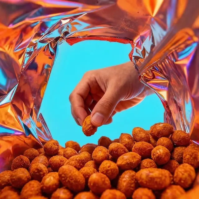 POV inside metallic snack bag — hand reaching for coated peanuts
