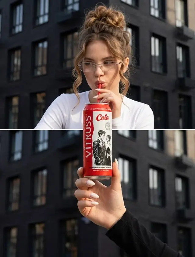 VITRUSS Cola lifestyle diptych — woman sipping from red aluminum can