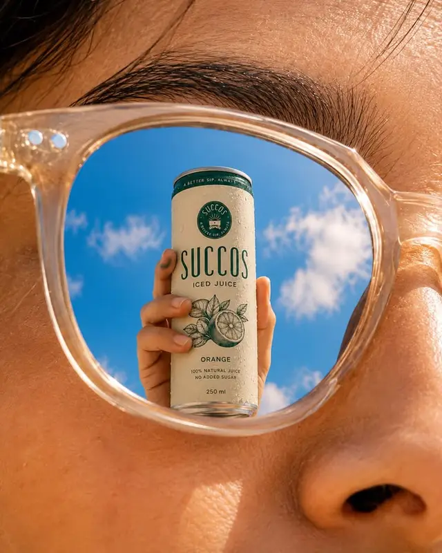 SUCCOS Orange Iced Juice Can Reflected in Clear Sunglasses