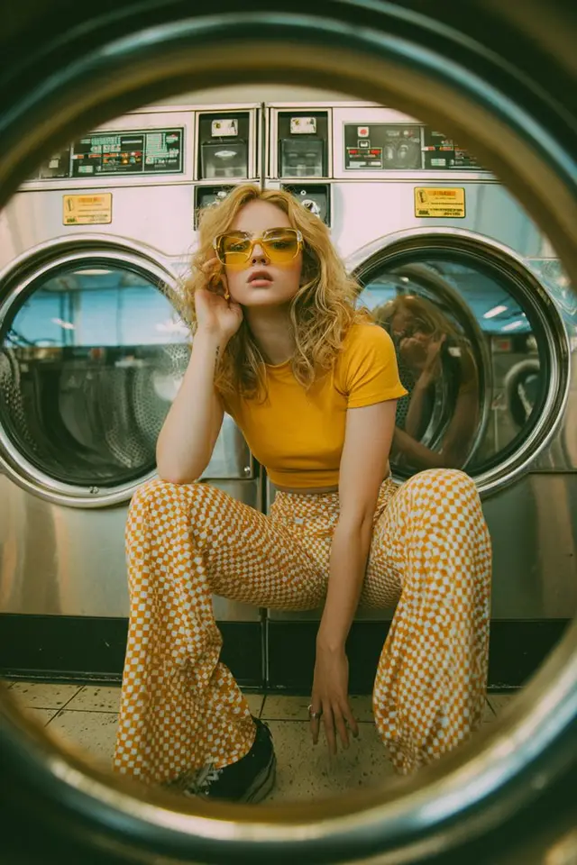Retro Yellow Fashion Portrait Framed by Laundromat Washer Drum