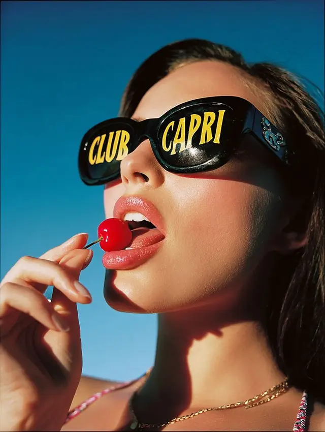 Close-up: Woman Wearing 'CLUB CAPRI' Sunglasses Eating a Cherry — Retro Summer Fashion