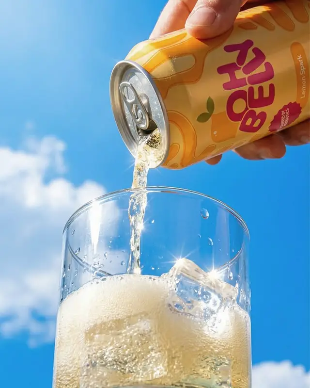 Yellow lemon soda can poured into glass with ice against blue sky