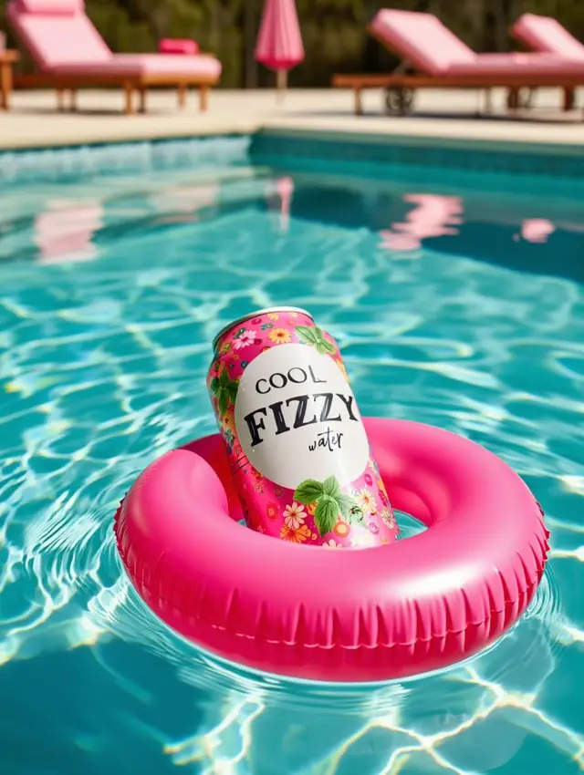 Pink floral "COOL FIZZY water" can on pool float
