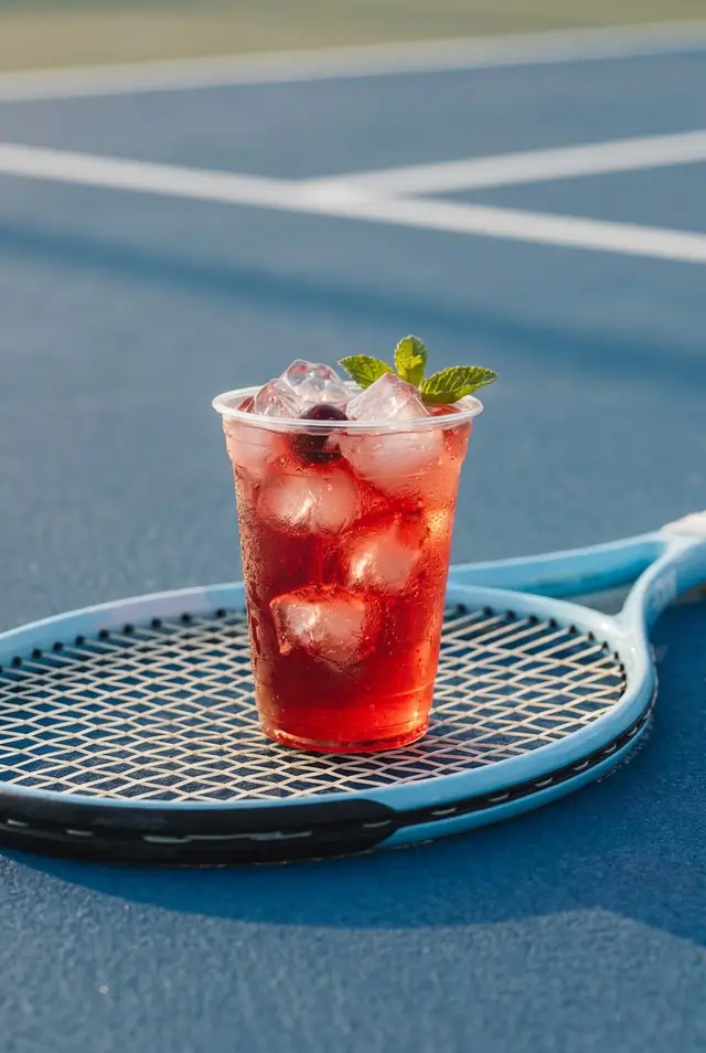 Iced red drink with mint on a tennis racket