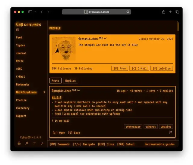 cyberspace.online profile — orange terminal UI screenshot