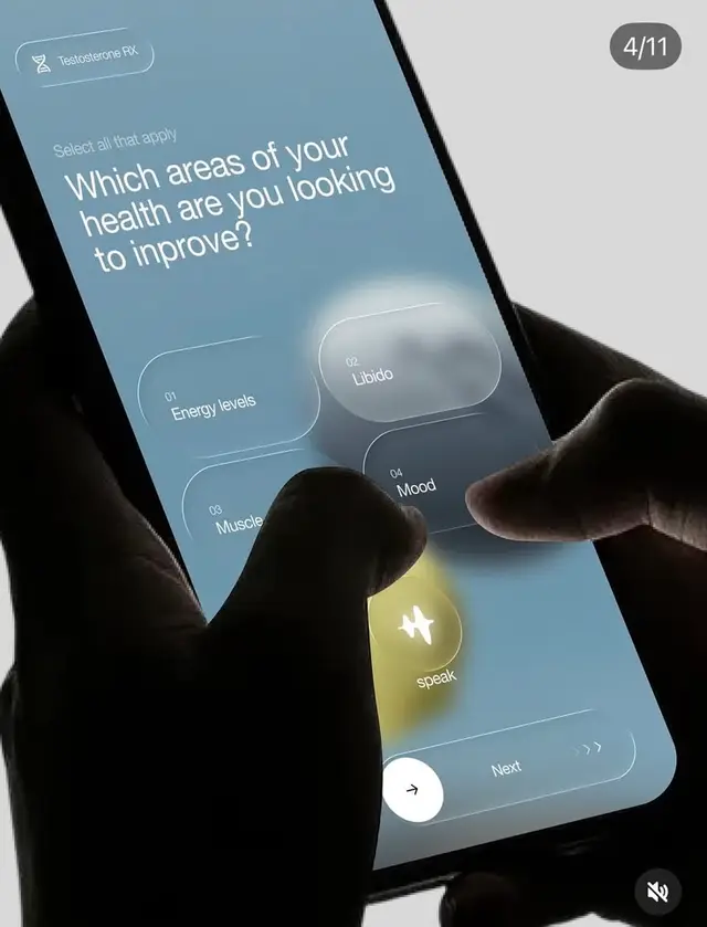 Mobile health onboarding UI — Testosterone Rx questionnaire