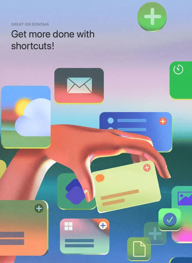 3D illustration — Hand arranging floating app cards (Get more done with shortcuts!)