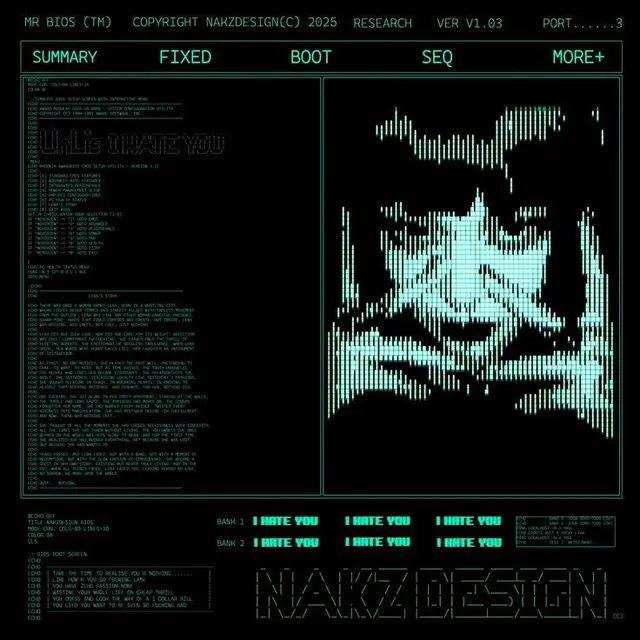 Monochrome terminal UI with ASCII portrait and NAKZDESIGN logo