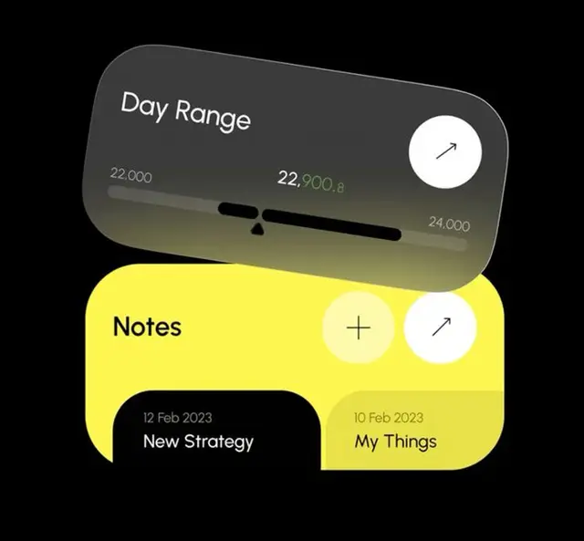 Day Range slider and Notes UI cards — yellow & dark glass widgets