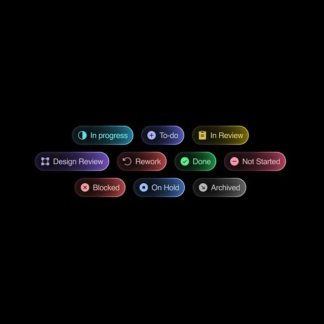 Neon glassmorphism task status badges — dark UI pill buttons
