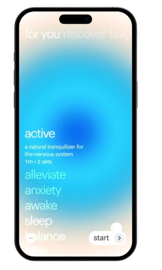 Wellness app screen — blue radial gradient with 'active' session