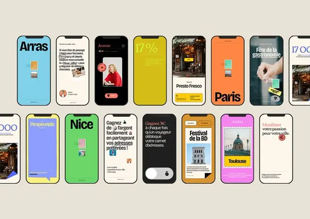 Colorful French city-themed mobile UI mockups