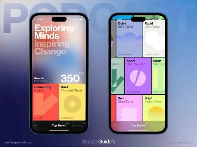 Mobile podcast app UI mockup — pastel card grid on smartphone screens