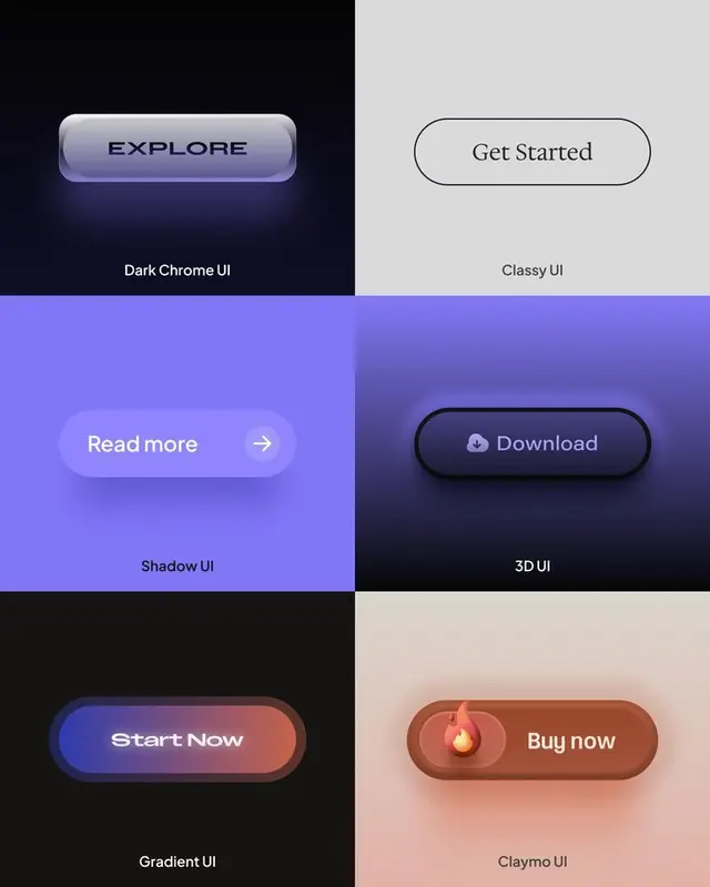 Six pill-shaped CTA button styles — Dark Chrome, Classy, Shadow, 3D, Gradient, Claymo