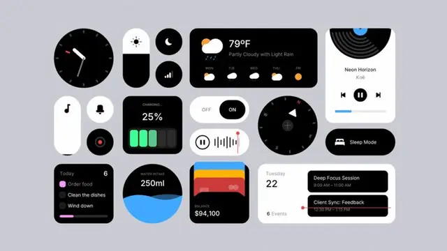 Minimal rounded UI widget set — weather, media, battery, and cards