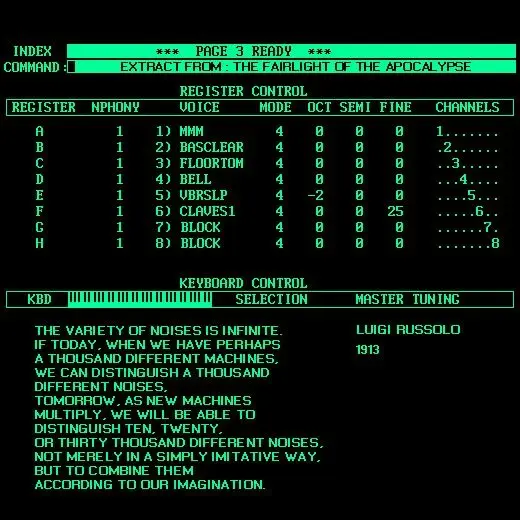 Green CRT sampler UI: "Extract from: The Fairlight of the Apocalypse" with Luigi Russolo