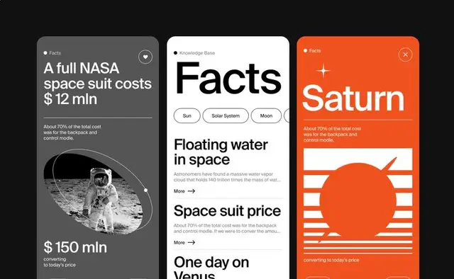 Mobile UI: Space Facts card set with NASA astronaut and Saturn panel
