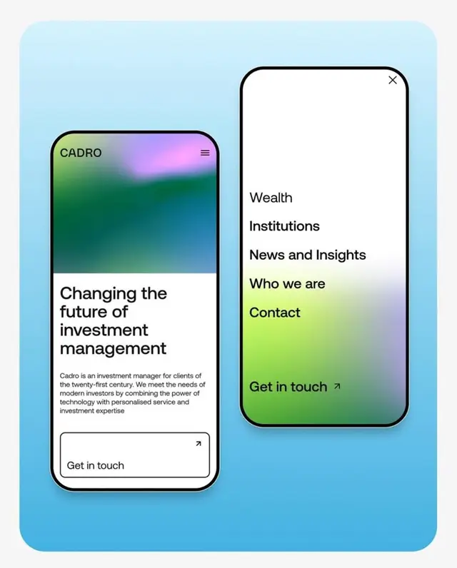 CADRO mobile UI mockup — investment management landing + menu