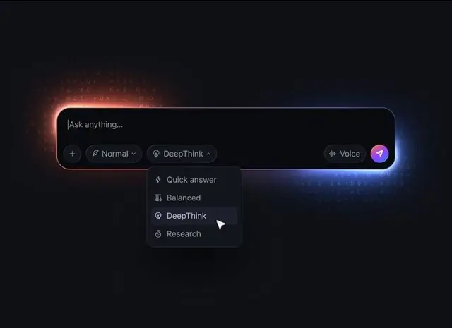 Dark glass chat input with 'DeepThink' mode dropdown and neon rim glow