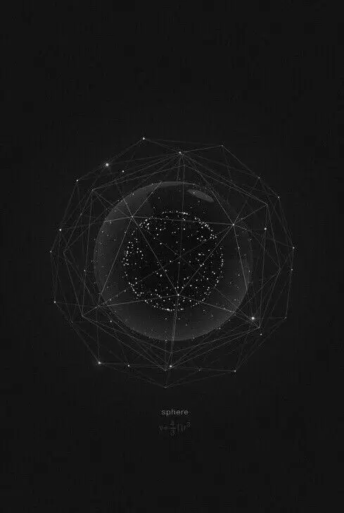 Monochrome wireframe sphere with internal particle cloud