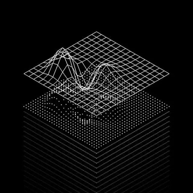 Isometric wireframe terrain above dot‑matrix stacked cube