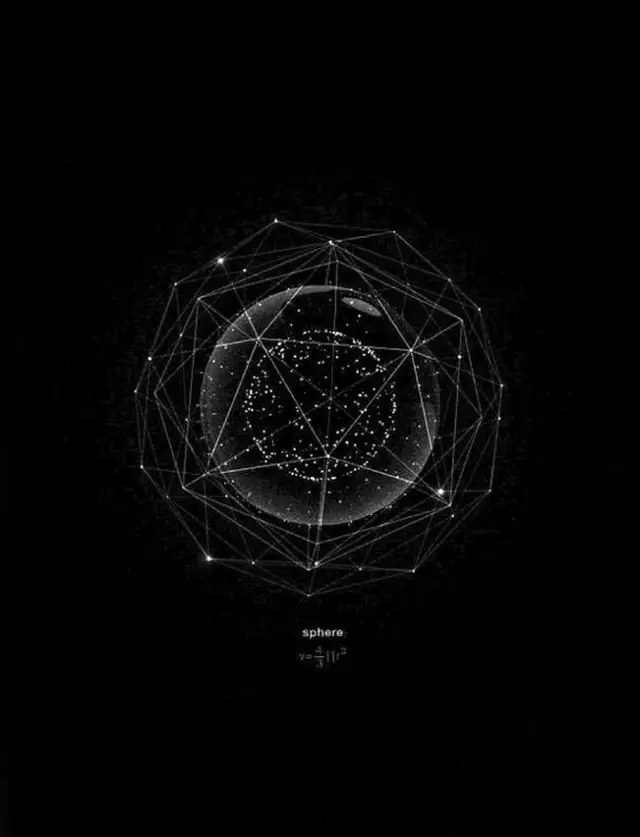 Wireframe Polyhedron Encasing Translucent Particle Sphere