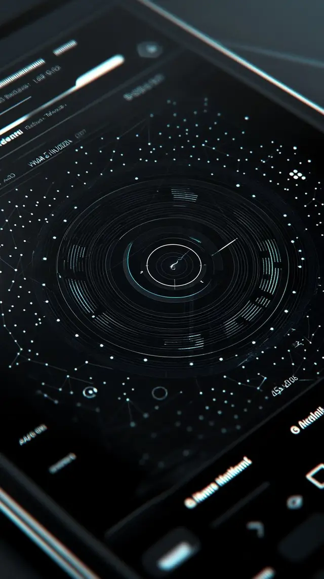 Futuristic circular HUD on dark tablet touchscreen