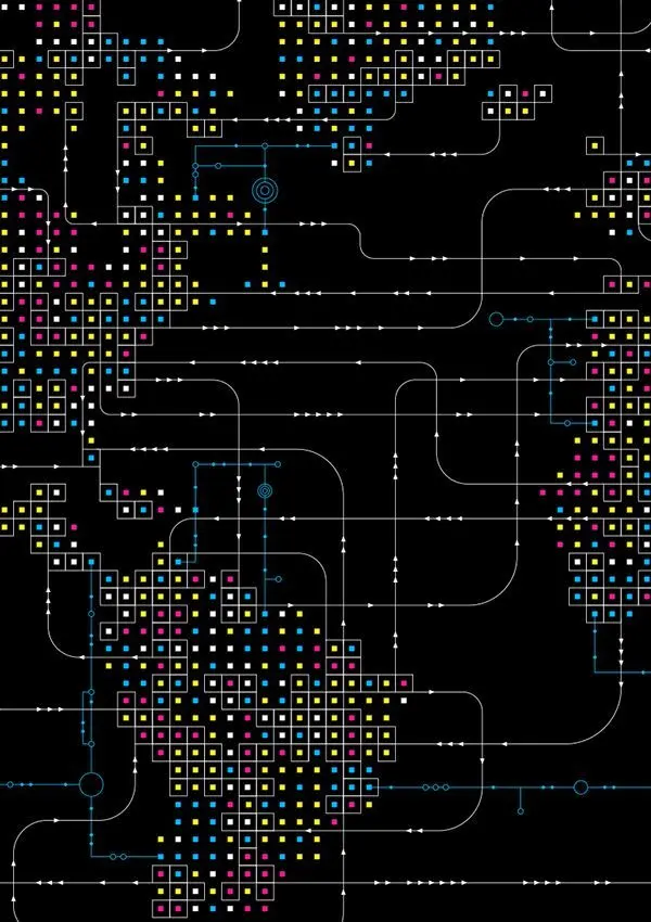 CMYK pixel network with circuit-style white connectors on black