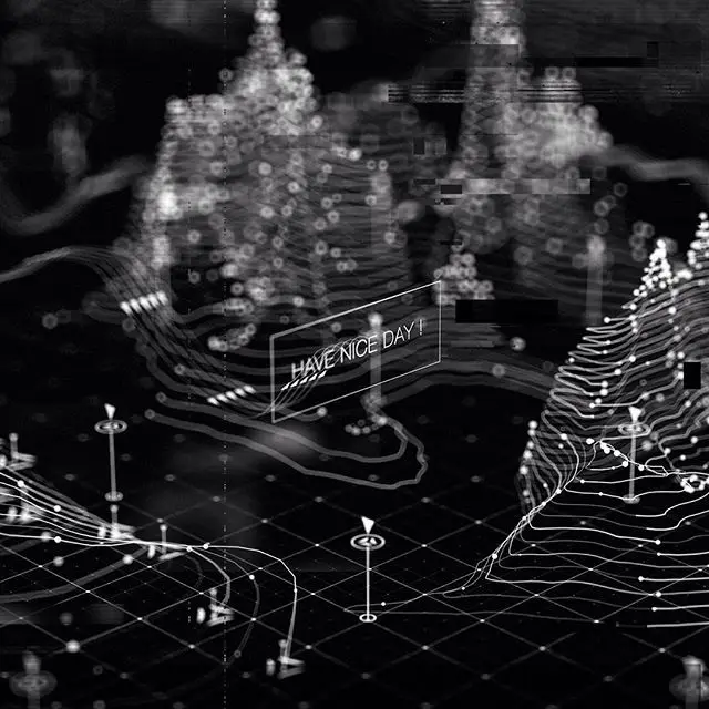 Monochrome Wireframe Data Landscape with 'HAVE NICE DAY!' Label