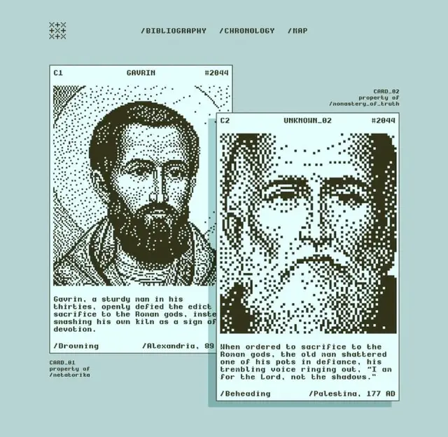 Cyan halftone dossier cards: GAVRIN and UNKNOWN_02