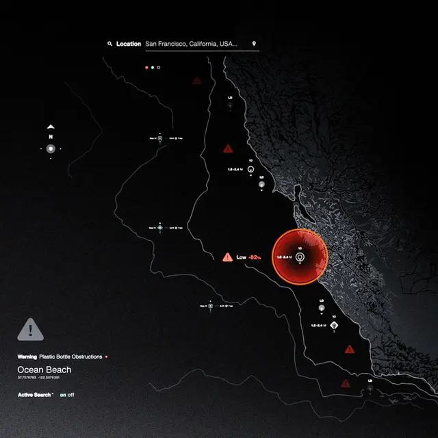 Dark UI coastal map with red hotspot over Ocean Beach, San Francisco