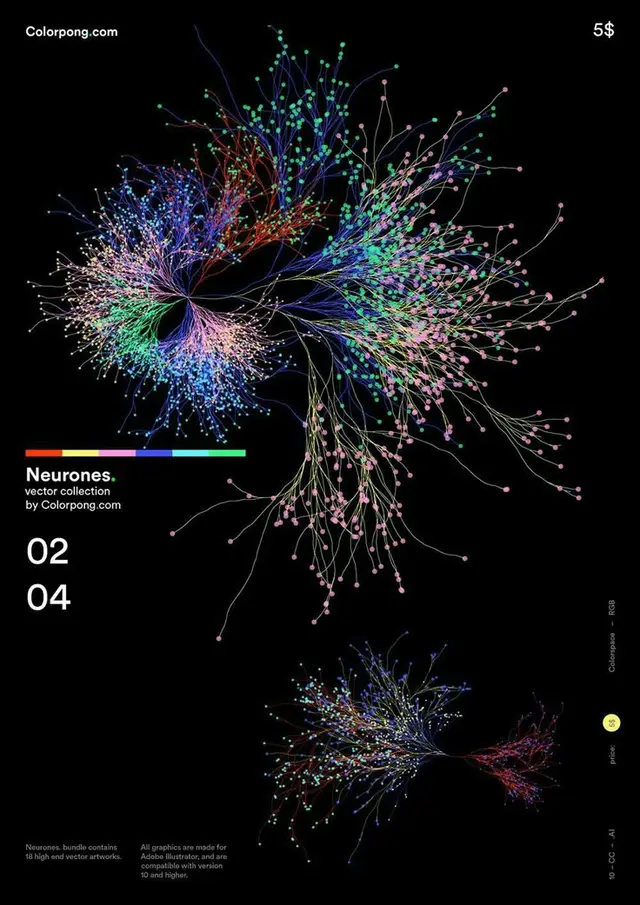 Neurones — Colorpong.com vector poster (multicolor node network on black)