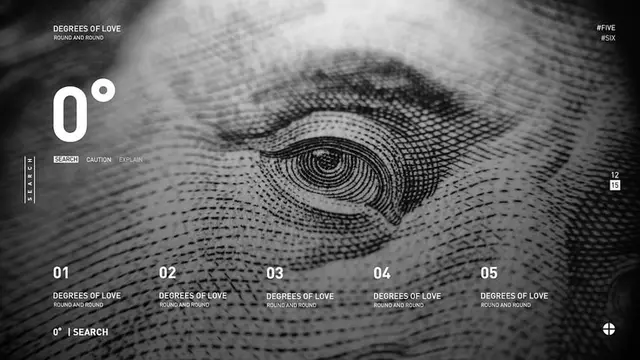 Monochrome close-up of engraved banknote eye with typographic UI overlay