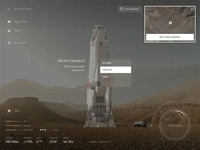 Project Daedalus vertical lander with HUD navigation on Mars-like plain