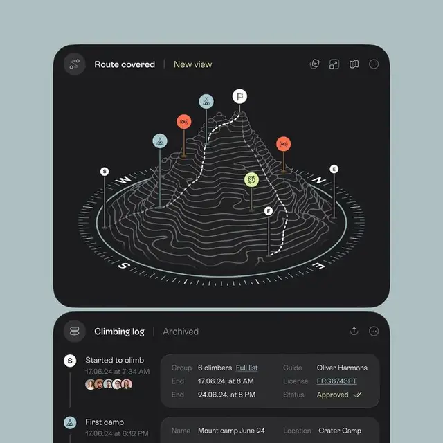 Dark-mode climbing app UI with 3D contour mountain and climbing log