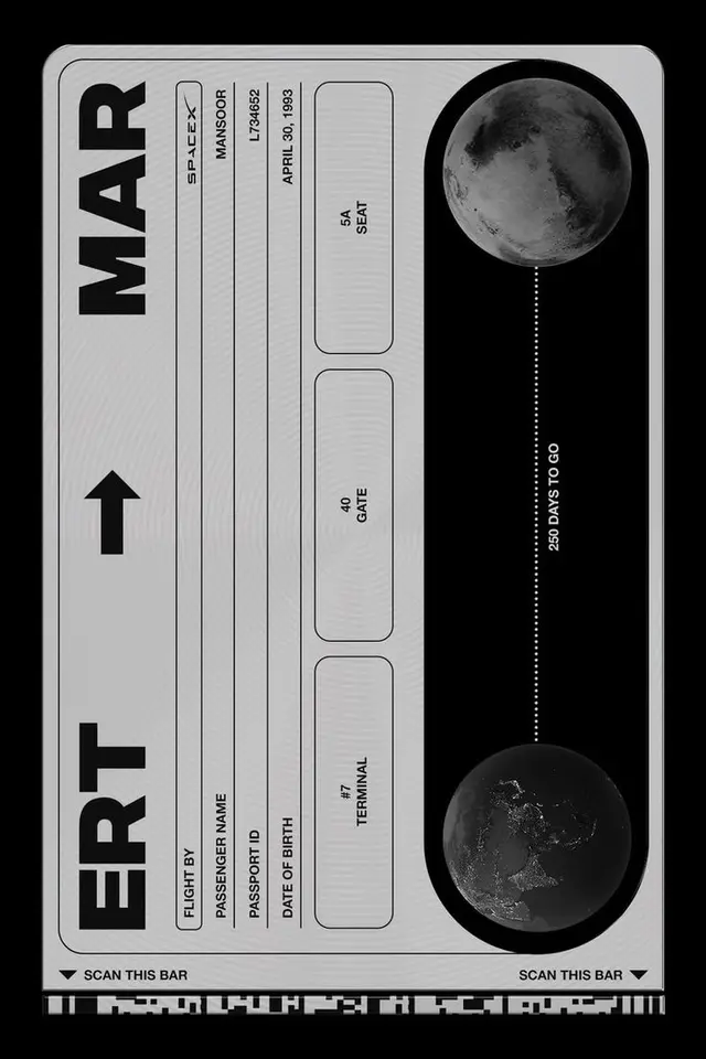 SpaceX Mars boarding pass — monochrome futuristic ticket mockup