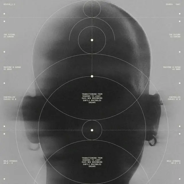 Monochrome rear head portrait with concentric geometric overlays and typographic mantra