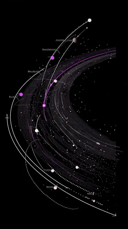 Abstract orbital infographic with magenta nodes on black