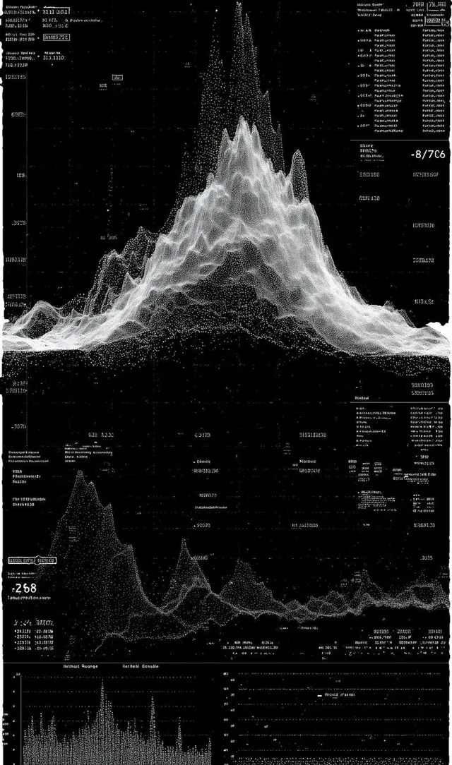 Monochrome point‑cloud mountain data visualization poster
